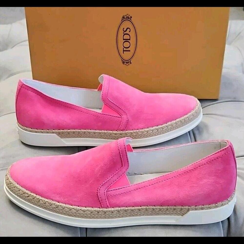 Tod's Gomma Rafia TV Pelle Hot Pink Suede Slip On Loafers  Womens Shoes 38 8 New